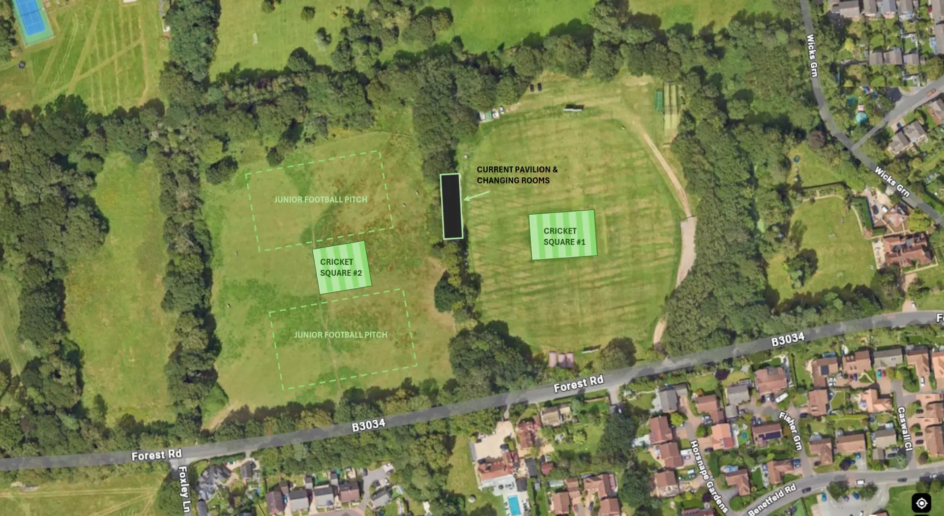 Proposed site plan showing the current ground, a second cricket square and two junior football pitches